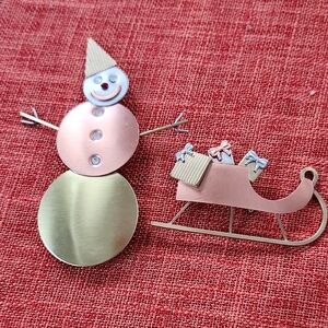 Coat/Sweater Snowman Pin And A Sleigh With Gifts Pin